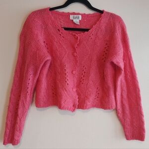 Sostanza Vintage Pink Mohair Blend Cable Pointelle Knit Cropped Cardigan